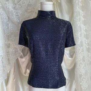 Blue Fully Beaded Turtleneck Top